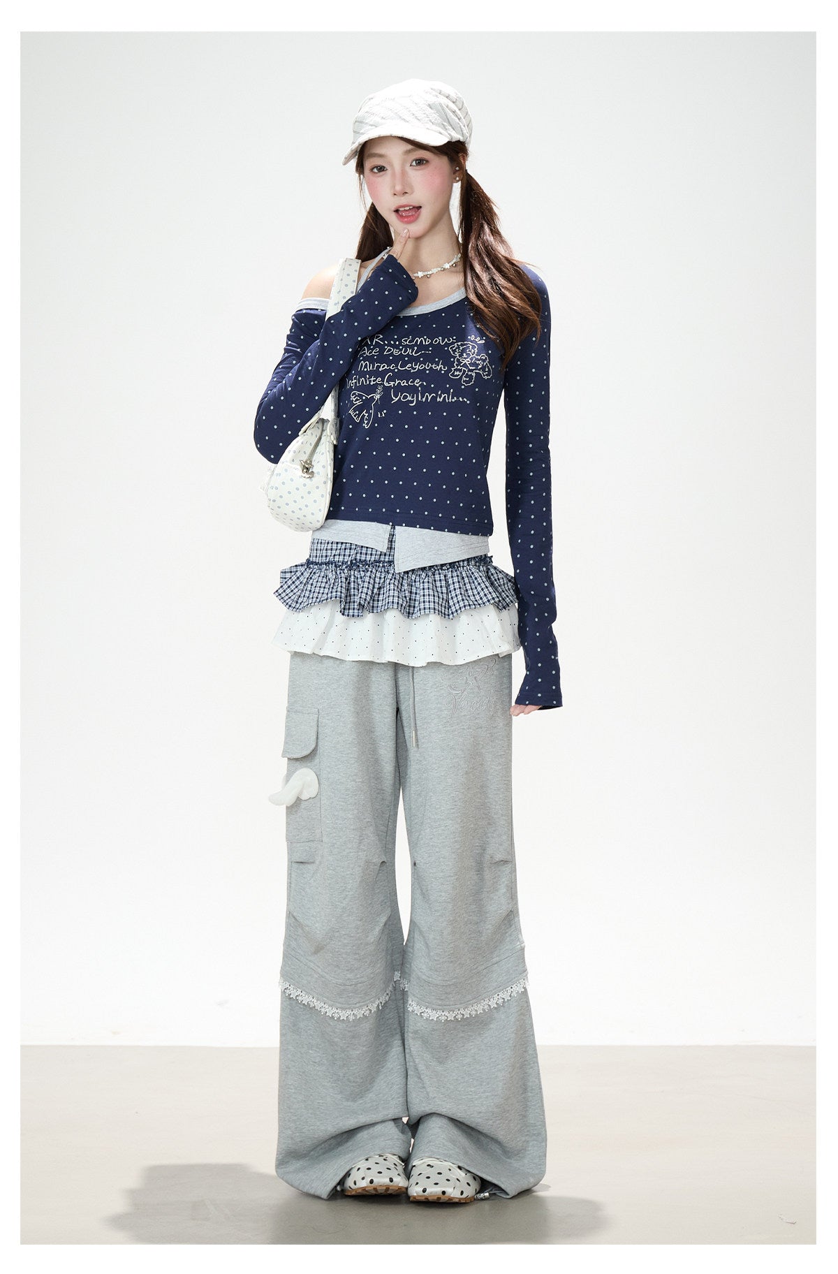 Polka-Dot Halter Off-Shoulder Long Sleeve Top & Wing Lace Wide-Leg Cargo Pants