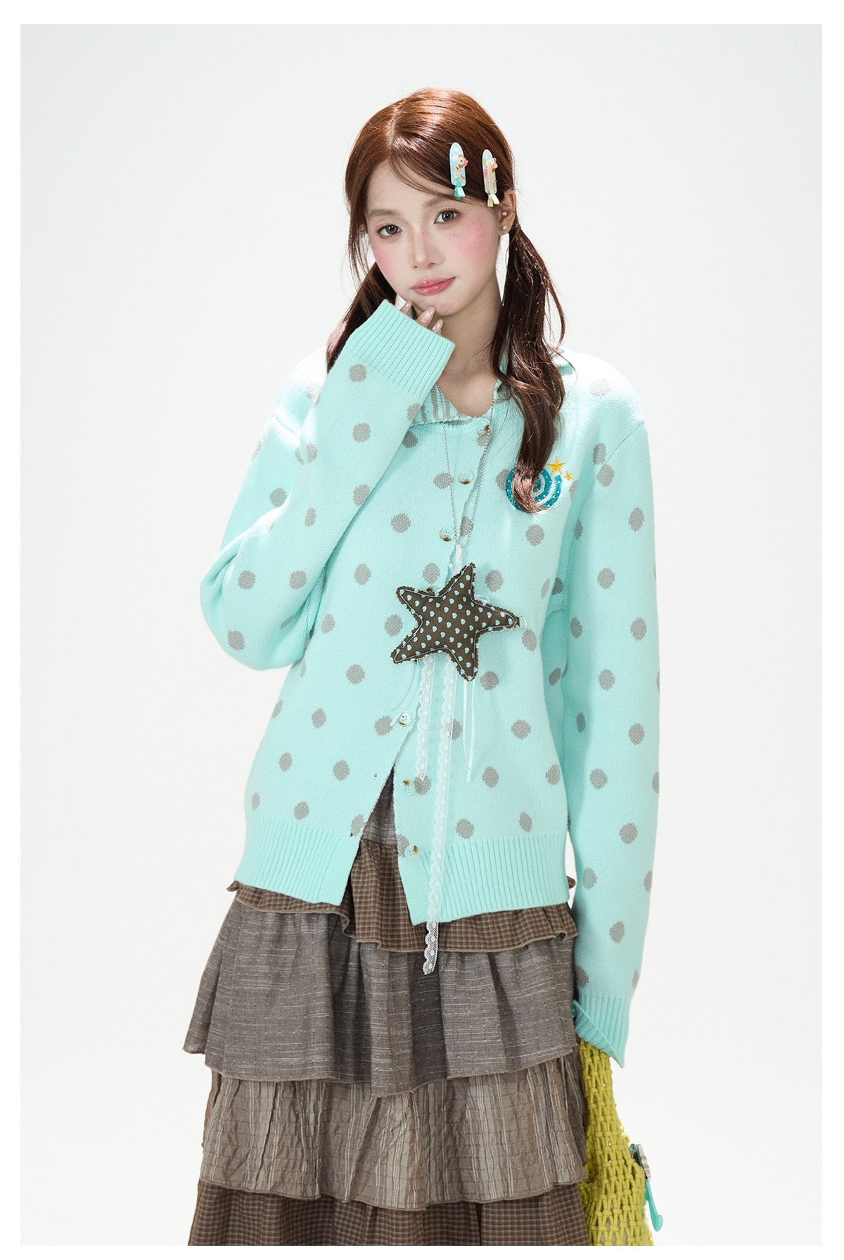 Polka-Dot Asymmetric Knit Cardigan & Tiered Midi Skirt
