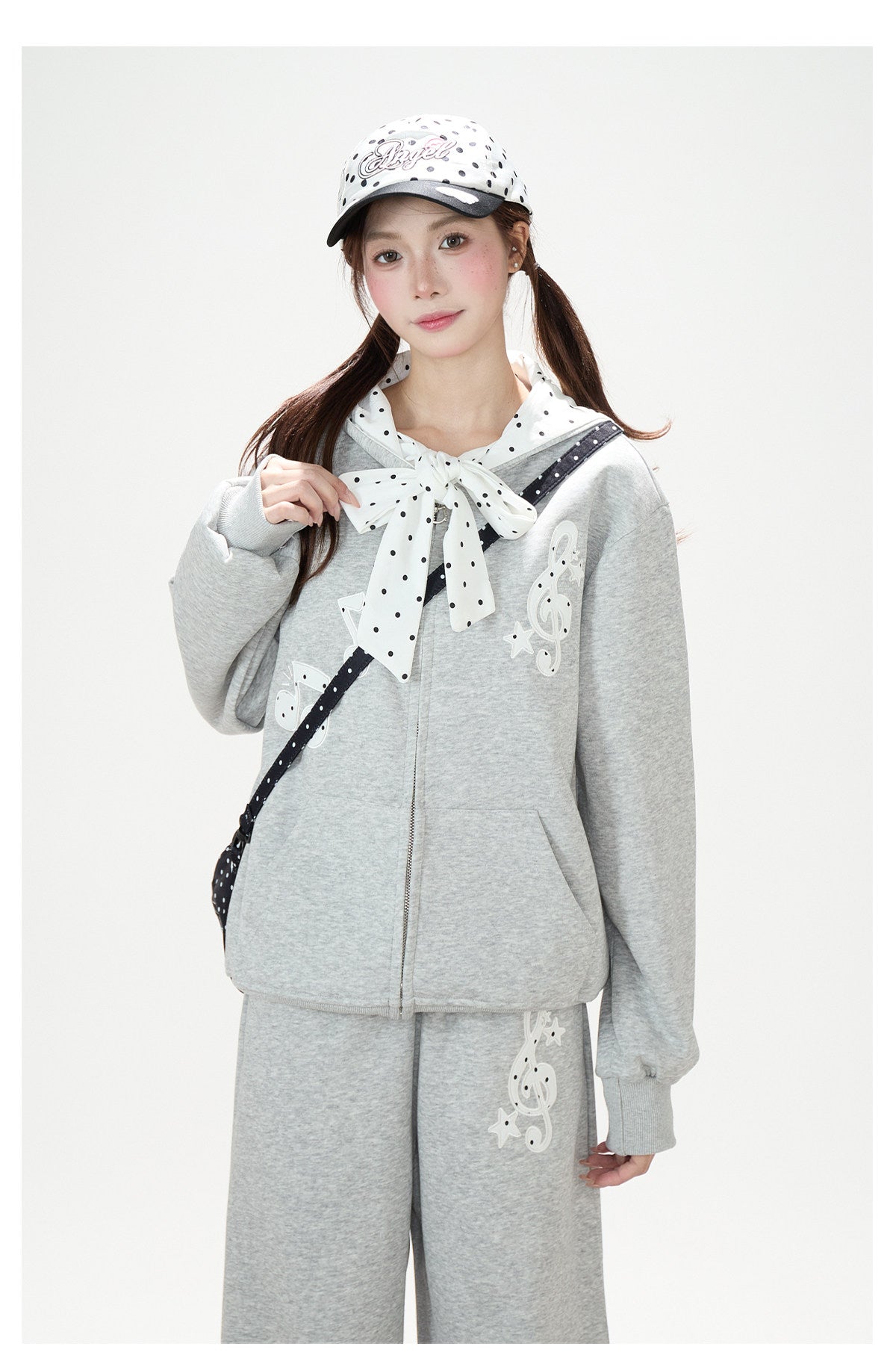 Music Note Polka-Dot Bow Zip-Up Hoodie & Gray Wide-Leg Pants