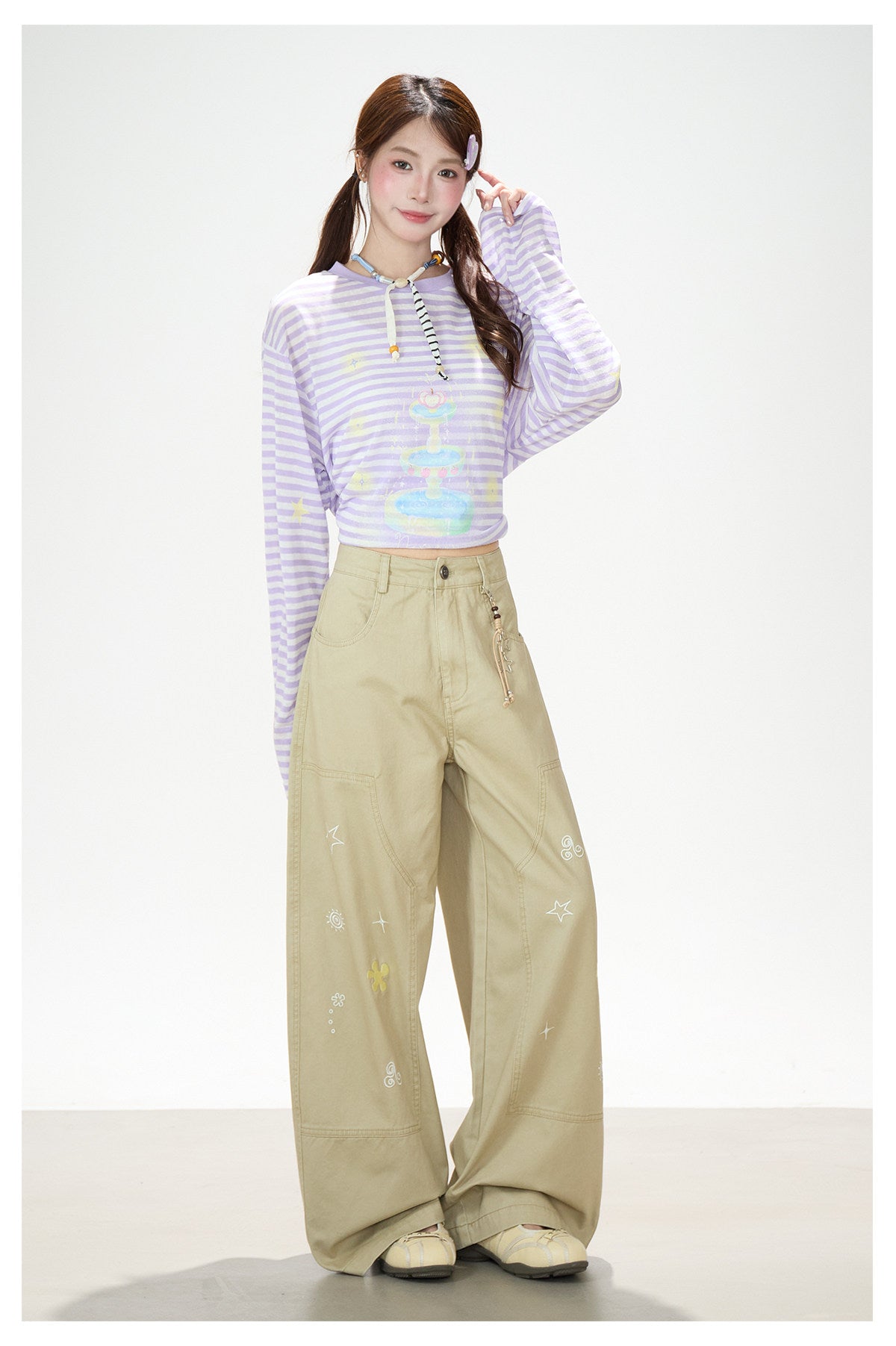 Pastel Stripe Cartoon Drawstring Long Sleeve Top & Khaki Wide-Leg Pants