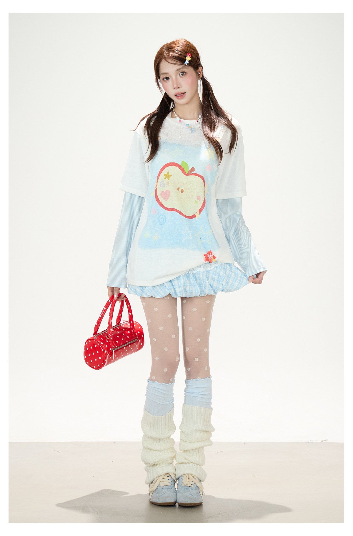 Apple Doodle Layered Long Sleeve Tee & Light Blue Ruffle Mini Skirt