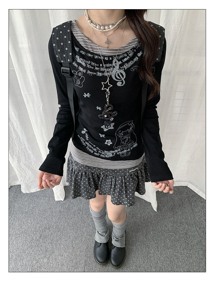Vintage Graphic Layered Long Sleeve Top