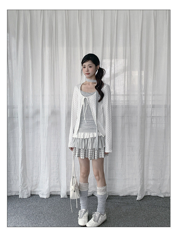 Polka Dot Tie Cardigan & Striped Cami Set