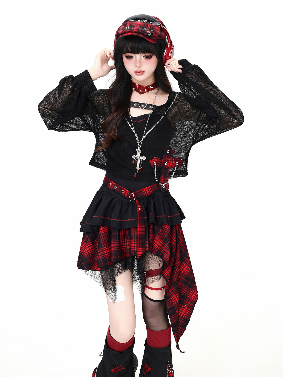 Lost Island Plaid Layered Dress, Sheer Shrug & Star Leg Warmers