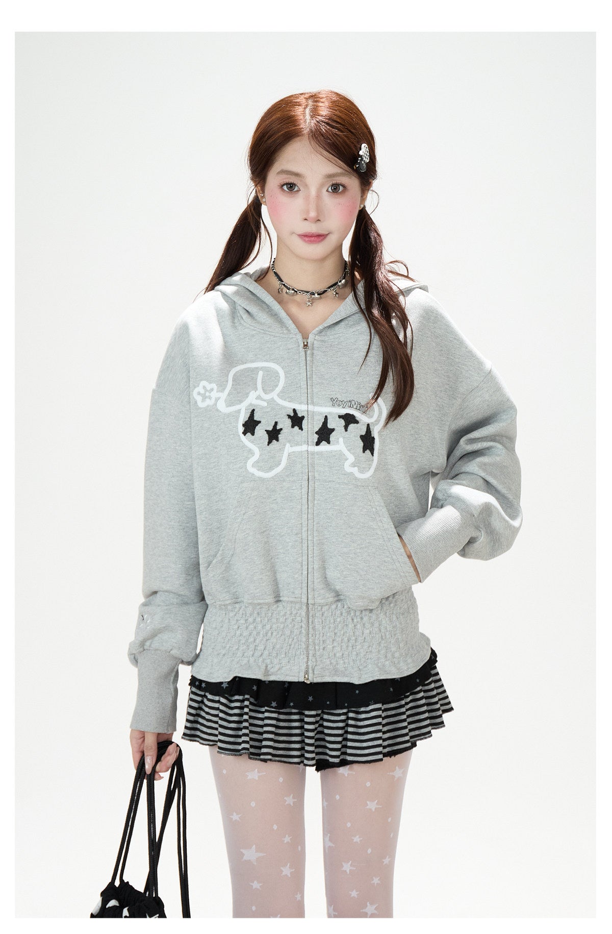 Star Puppy Zip-Up Hoodie & Black Stripe Ruffle Mini Skirt