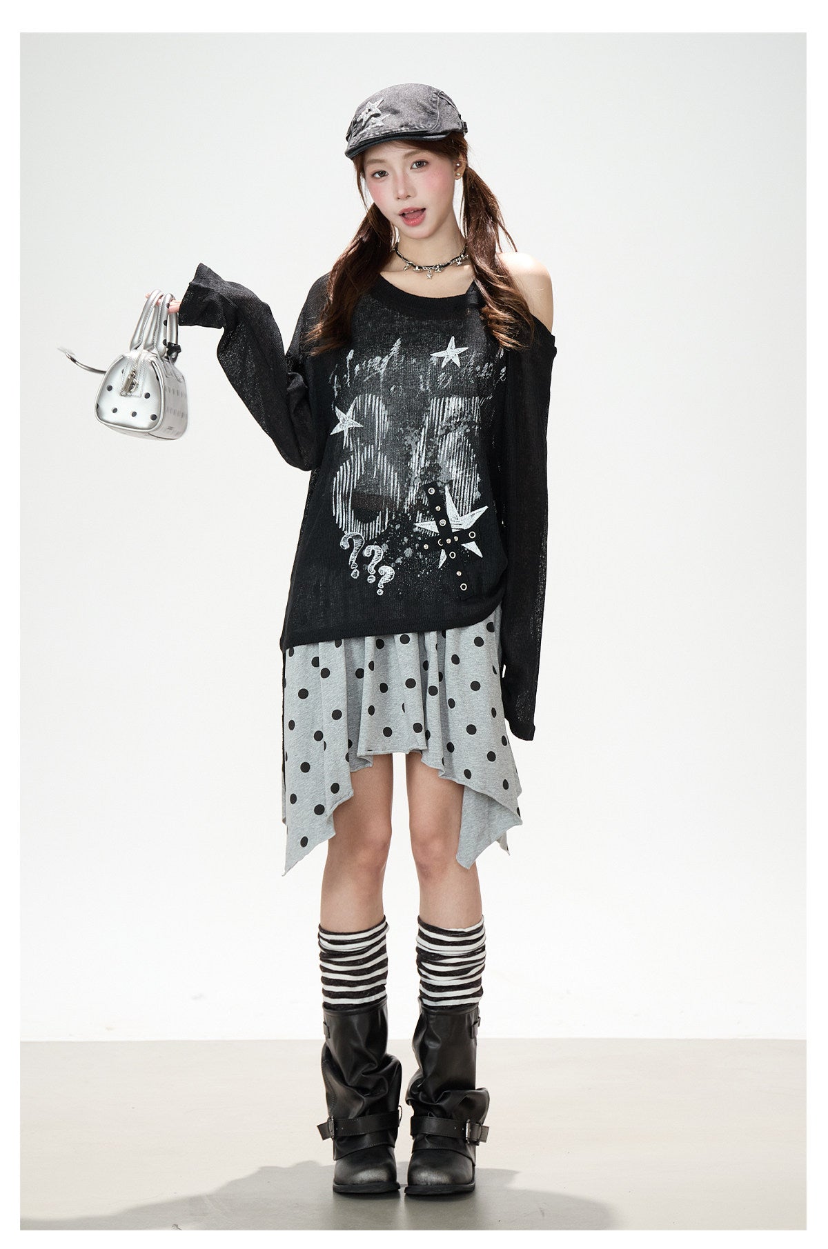 Dark Graffiti Off-Shoulder Long Sleeve Top & Asymmetric Polka-Dot Mini Skirt