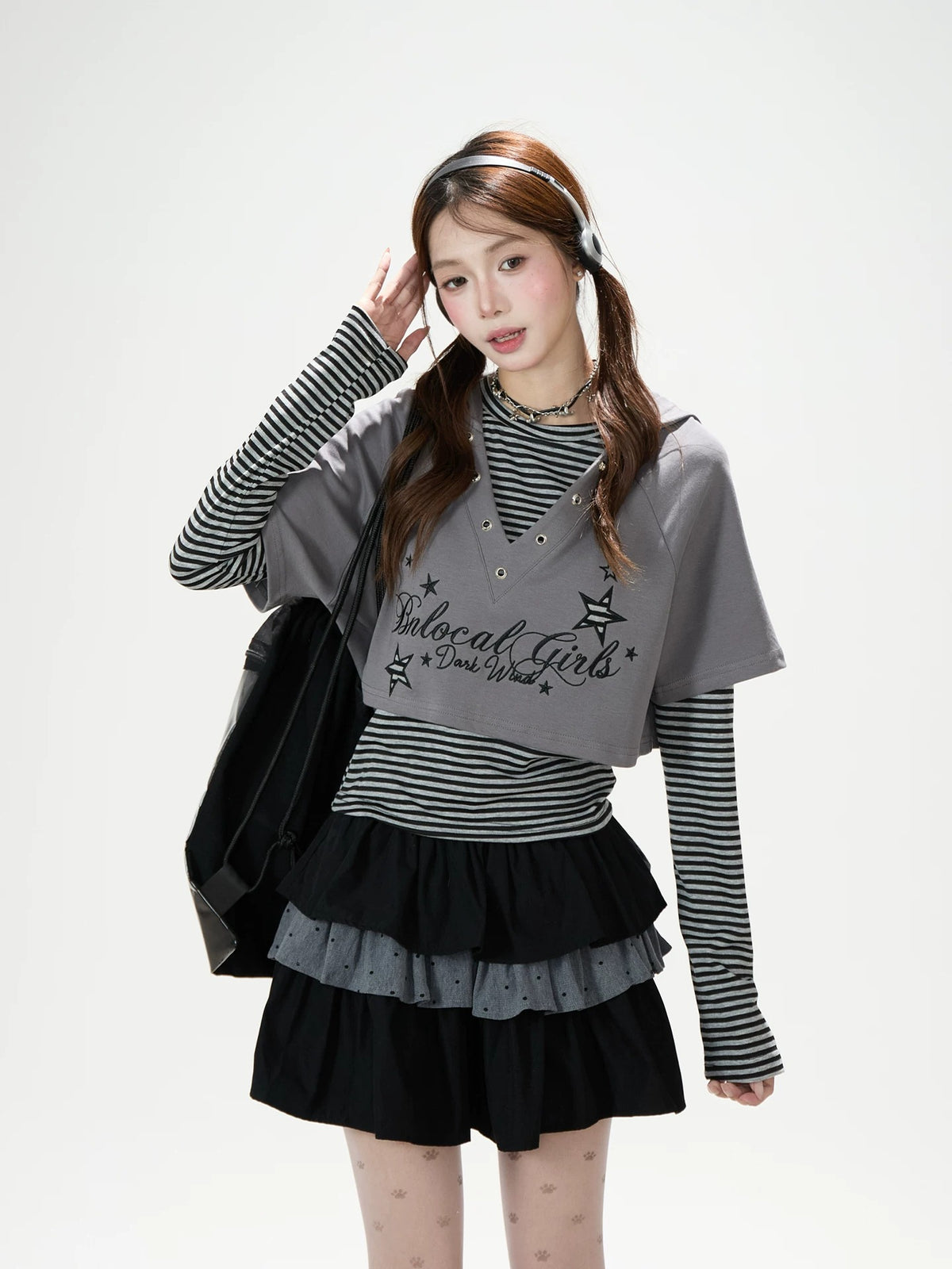Graphic Cropped Hooded Tee, Striped Layering Long Sleeve Top & Tiered Mini Skirt