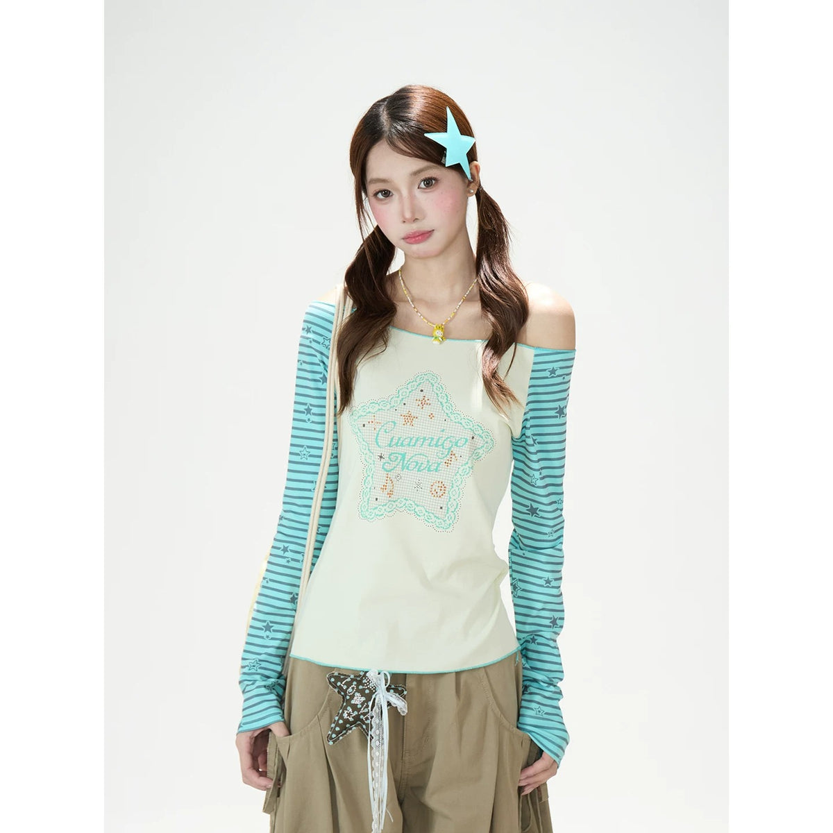 Star Stripe Off-Shoulder Long Sleeve Top & Graphic Star Wide-Leg Pants