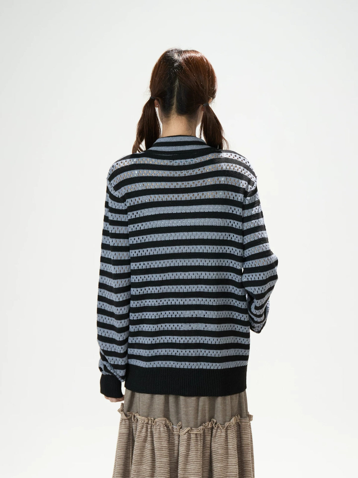 Striped Openwork Knit Cardigan & Black Polka-Dot Pleated Midi Skirt