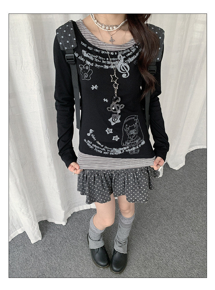 Vintage Graphic Layered Long Sleeve Top