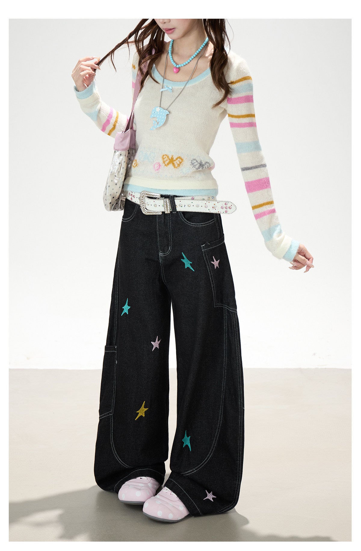 Star Embroidered Deconstructed Wide-Leg Cargo Jeans
