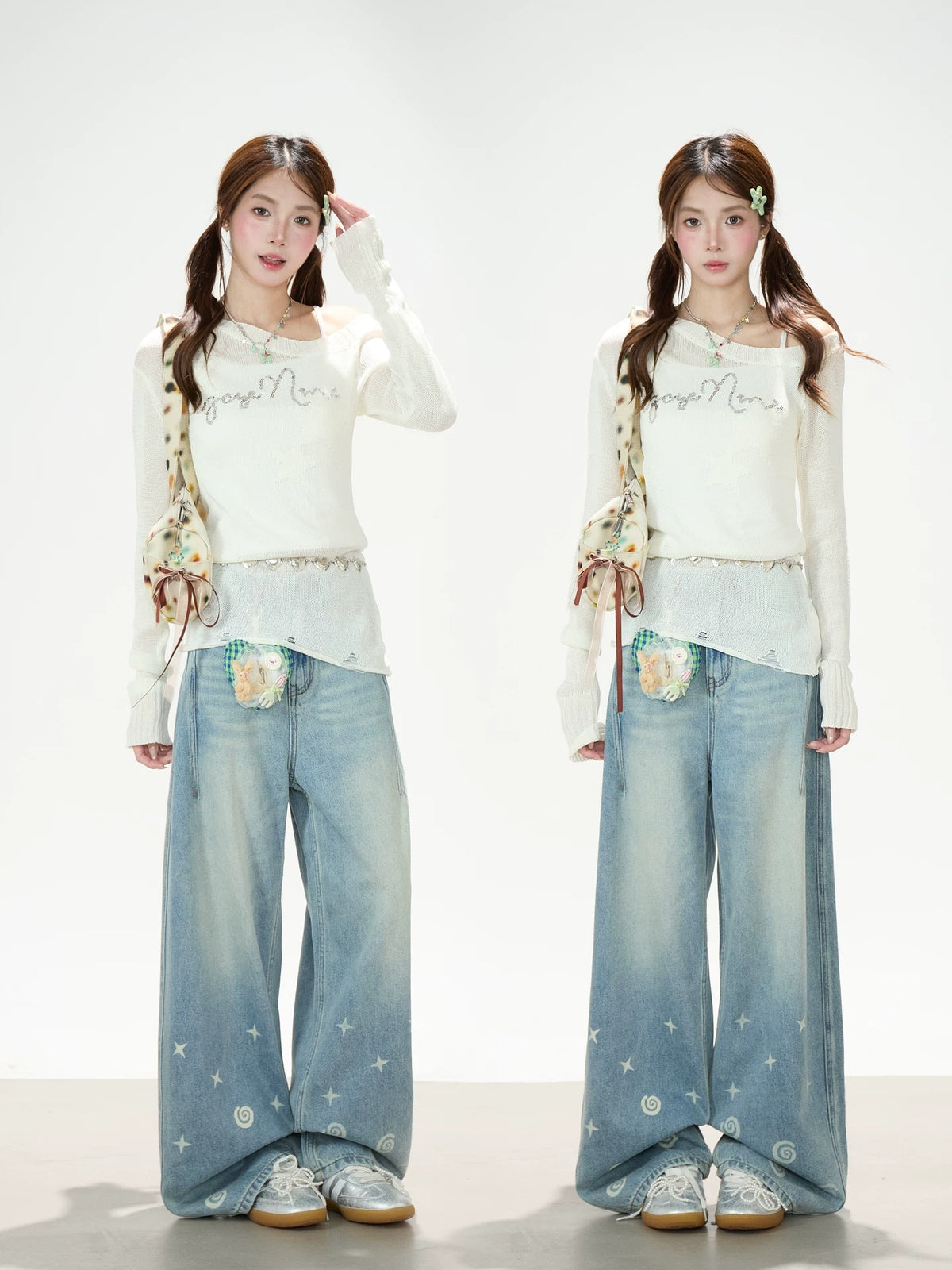 Playful Star Print Washed Wide-Leg Jeans
