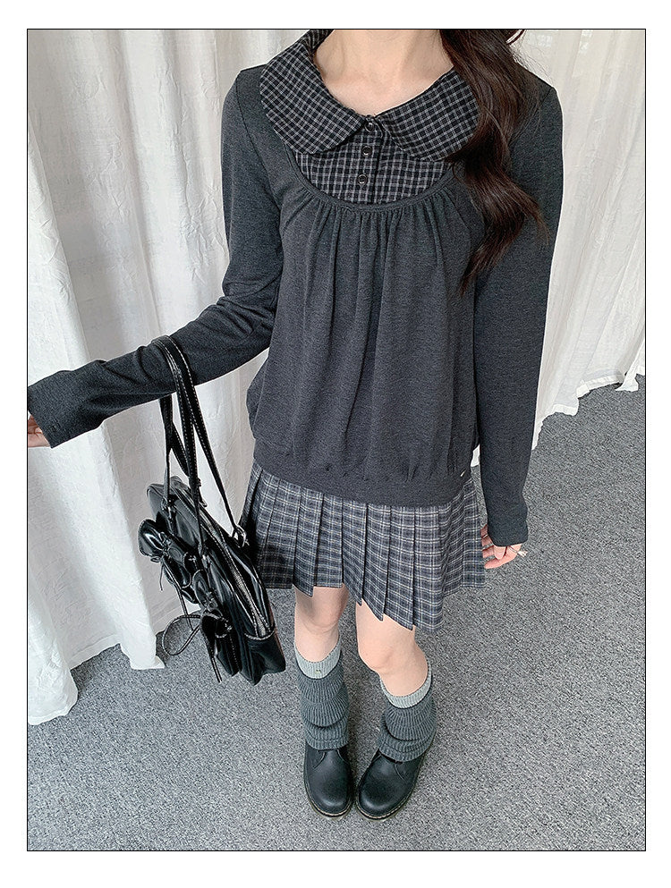 Plaid Collar Layered Long Sleeve Top