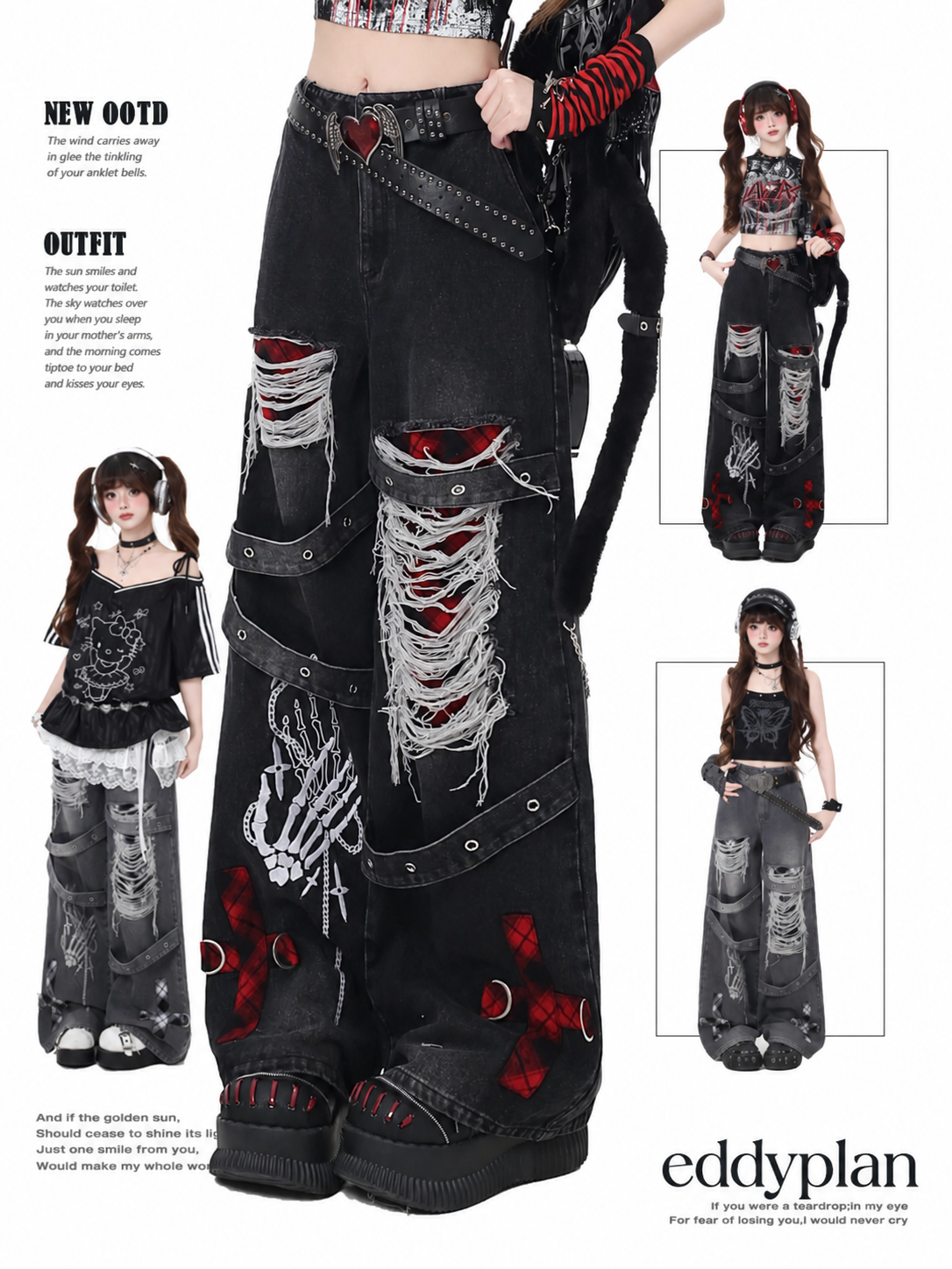 Skeleton Hand Distressed Strap Wide-Leg Jeans