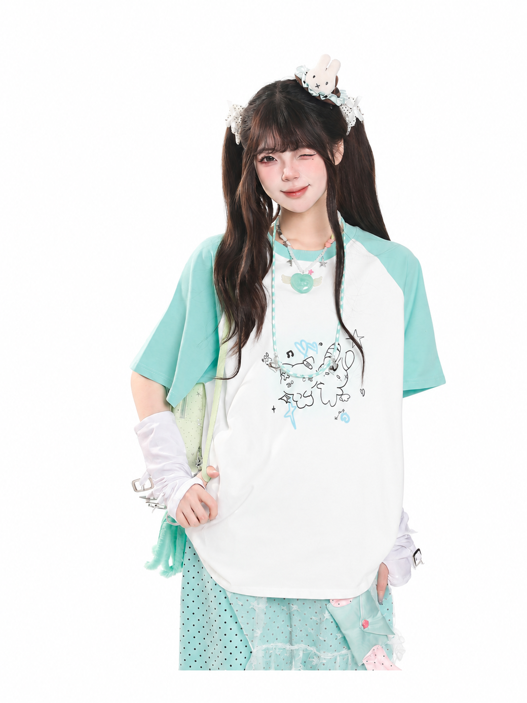 Kitty Sketch Colorblock Raglan Oversized Tee