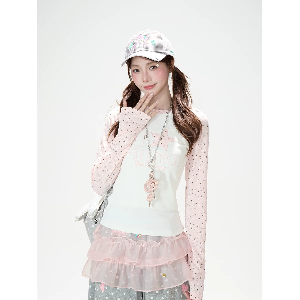 Pink Star Raglan Long Sleeve Top & Gray Heart Star Wide-Leg Pants