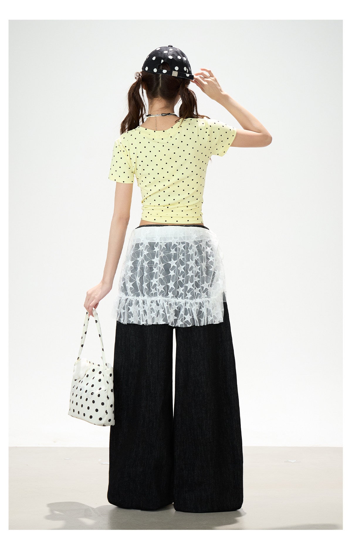 Star Print Lace Layered Wide-Leg Jeans