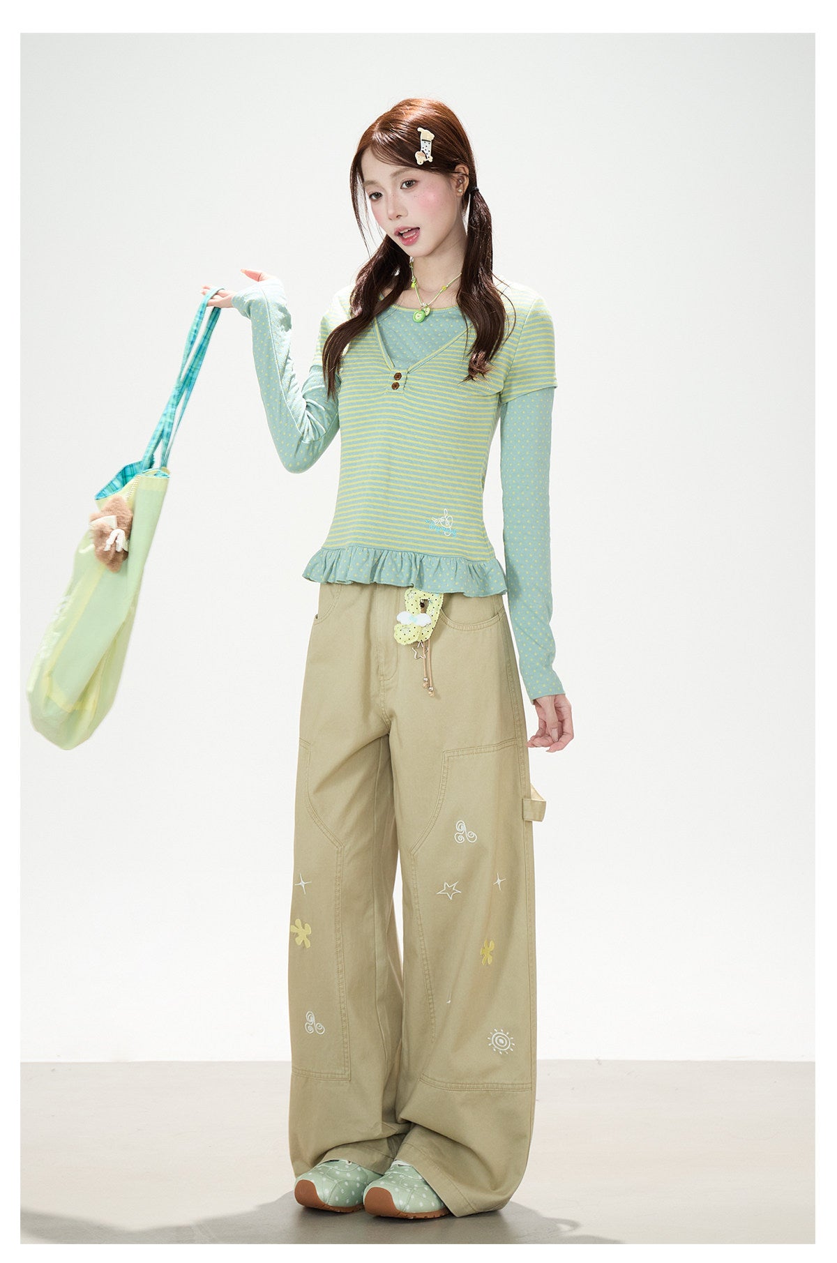 Polka-Dot Stripe Layered Long Sleeve Top & Embroidered Khaki Wide-Leg Cargo Pants