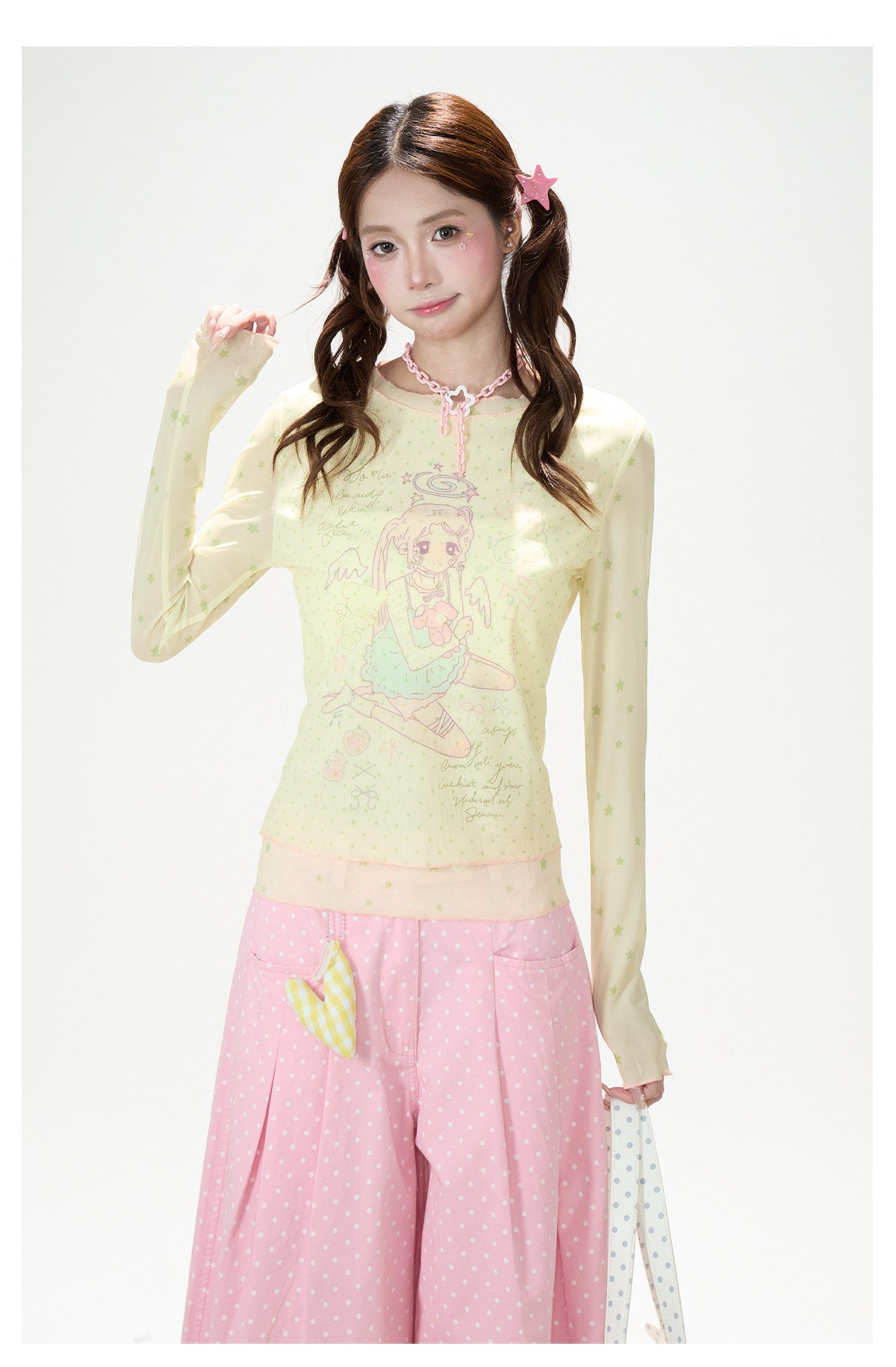 Anime Star Polka-Dot Mesh Long Sleeve Top & Bunny Graphic Wide-Leg Jeans
