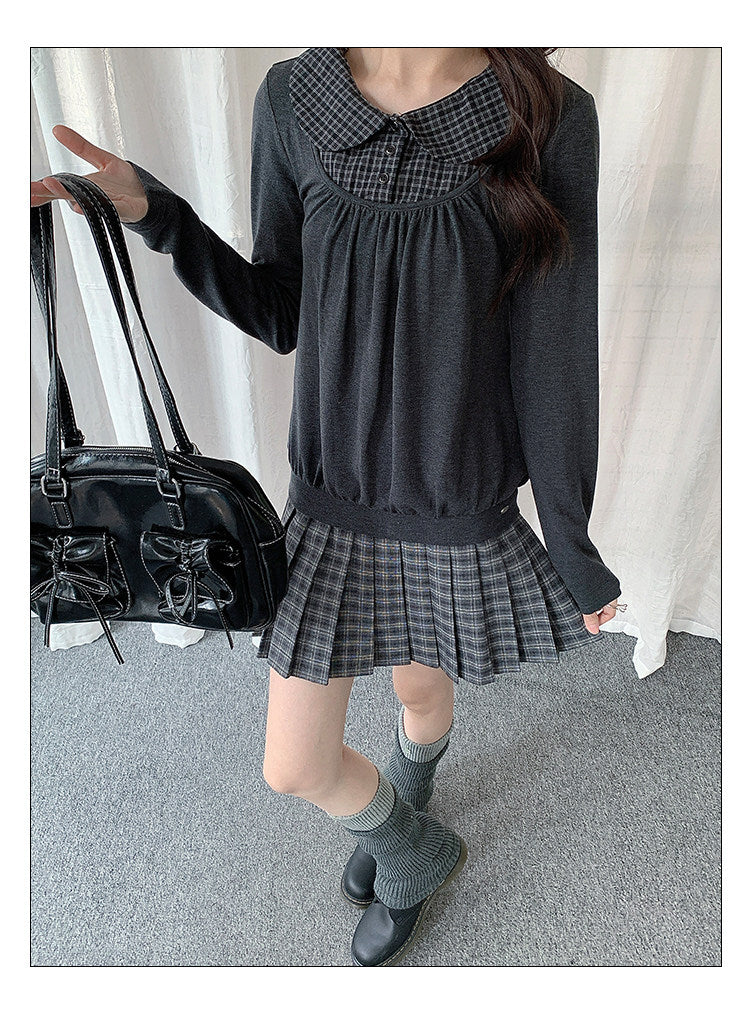 Plaid Collar Layered Long Sleeve Top