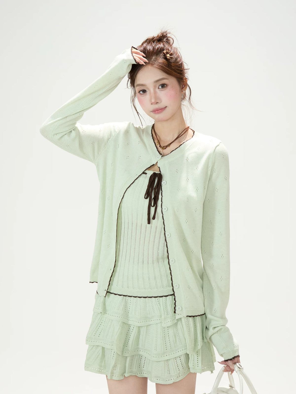 Pointelle Bow Cardigan & Cami Knit Set & Tiered Ruffle Mini Skirt