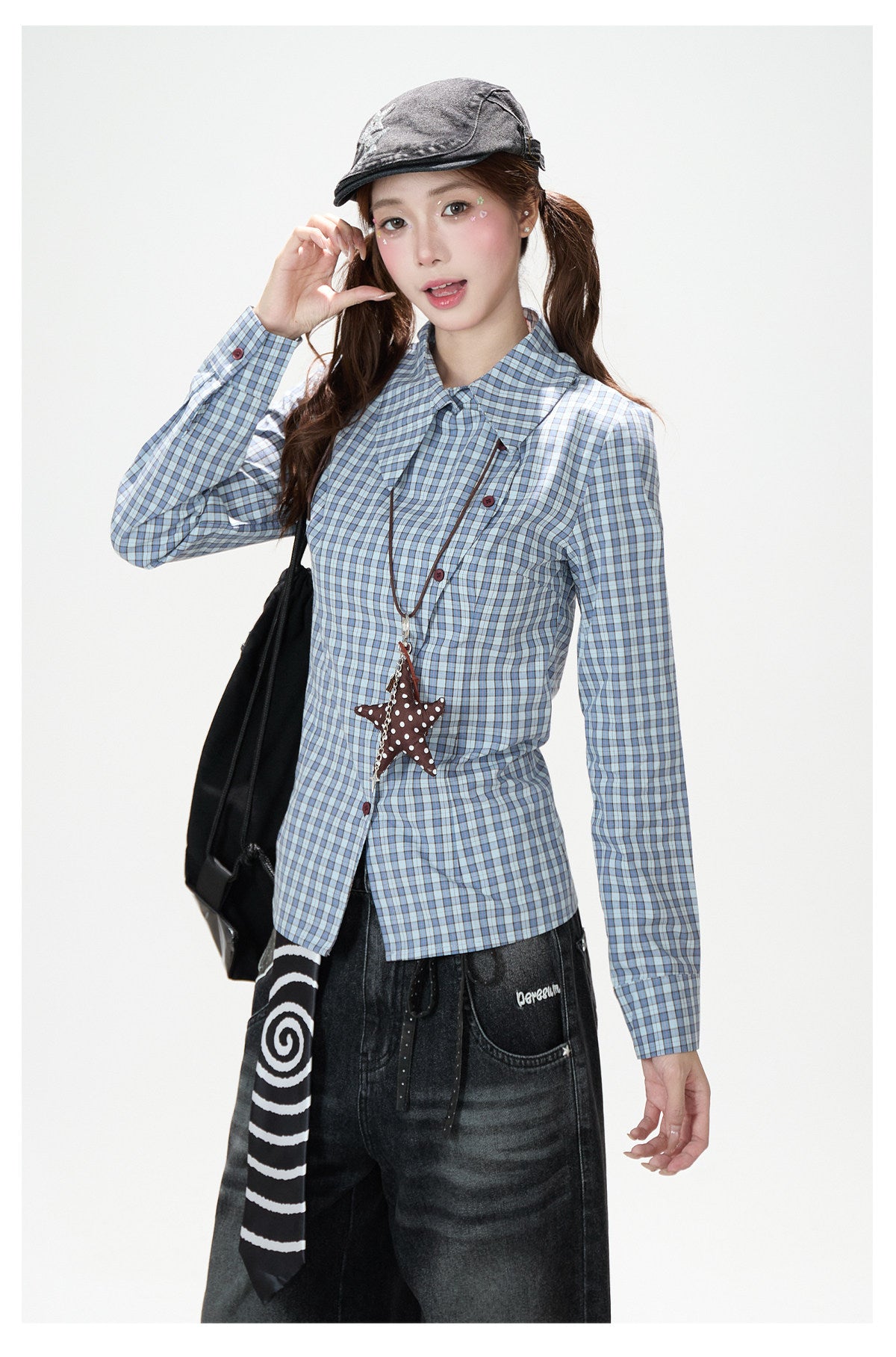 Blue Check Asymmetrical Shirt & Washed Wide-Leg Pants