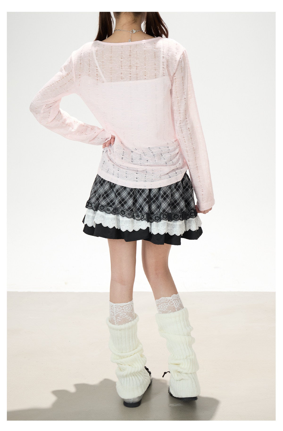 Graffiti Cutout Cowl-Neck Long Sleeve Top & Star Plaid Mini Skirt