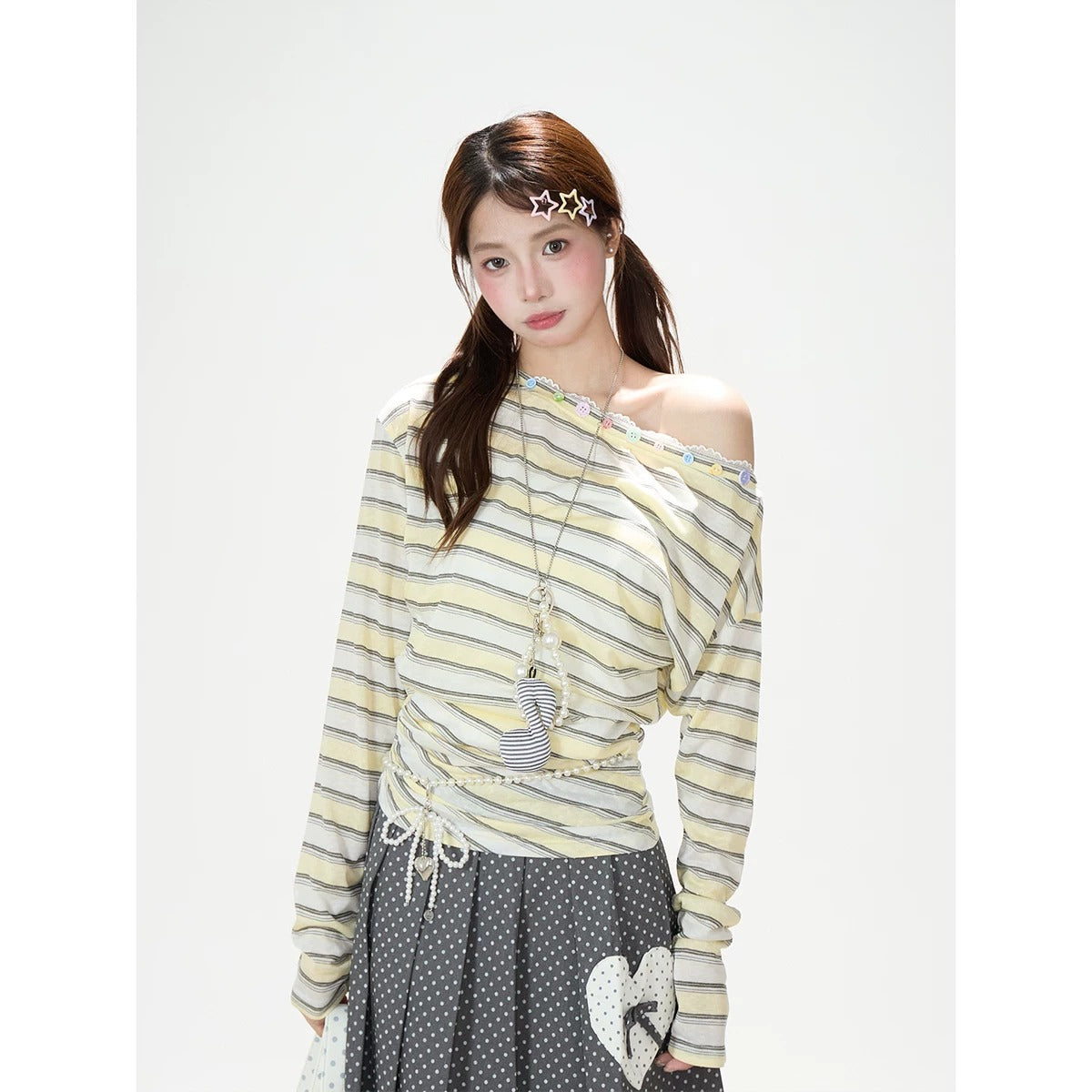 Striped Off-Shoulder Long Sleeve Top & Polka-Dot Midi Skirt