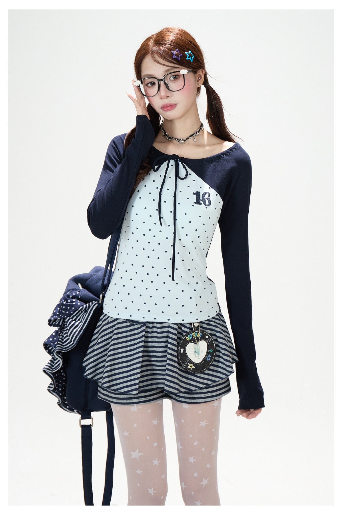 Polka-Dot Tie-Front Off-Shoulder Long Sleeve Top & Royal Blue Stripe Ruffle Mini Skirt