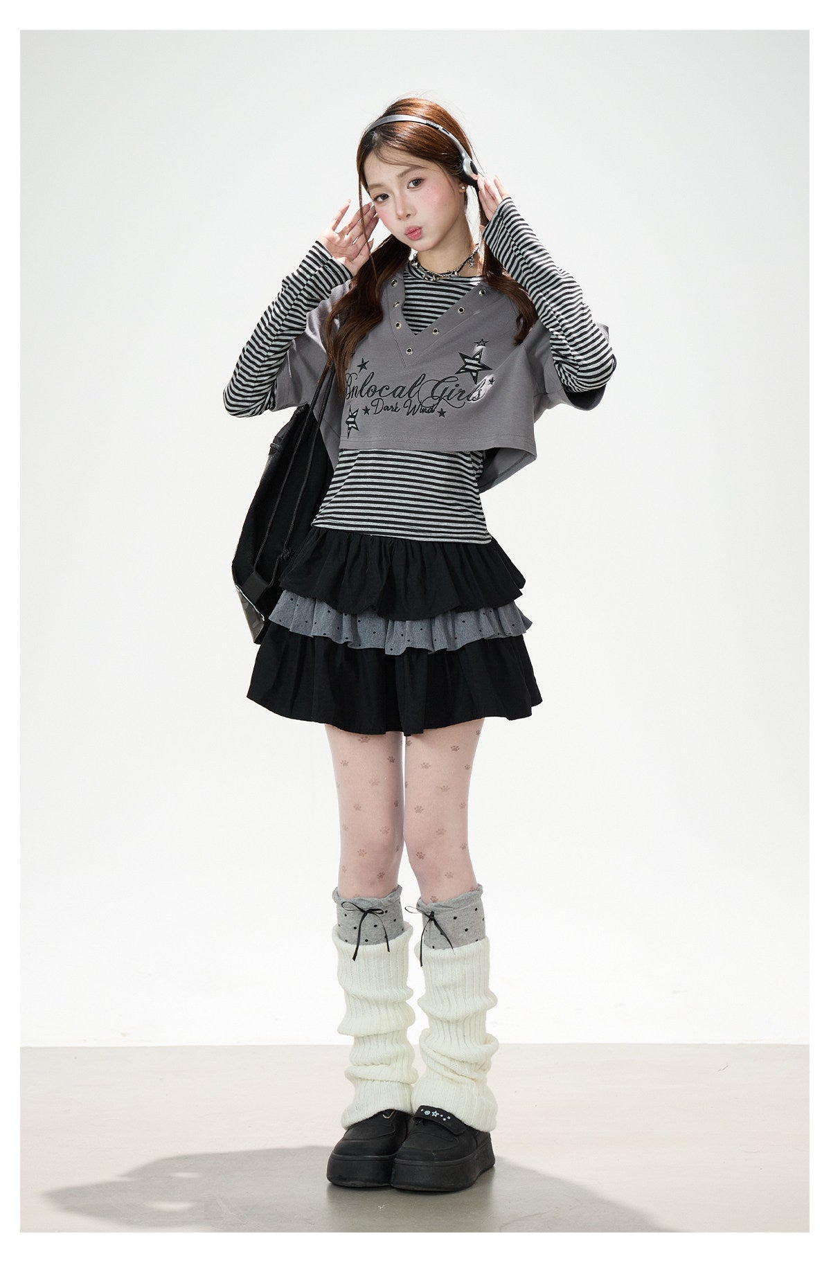 Graphic Cropped Hooded Tee, Striped Layering Long Sleeve Top & Tiered Mini Skirt
