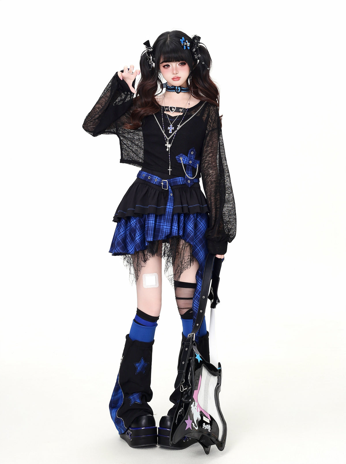 Lost Island Plaid Layered Dress, Sheer Shrug & Star Leg Warmers