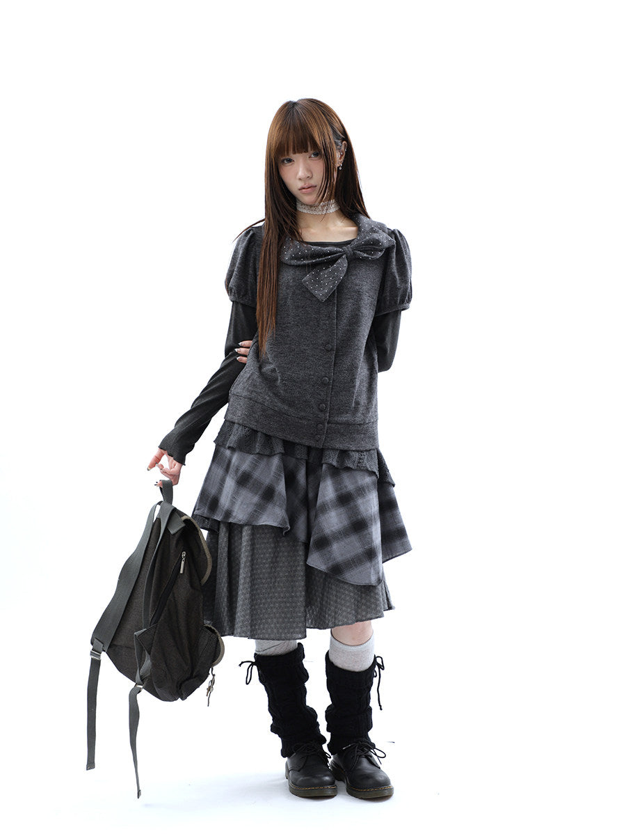 Polka Dot Bow Knit Top & Long Sleeve Two-Piece Set