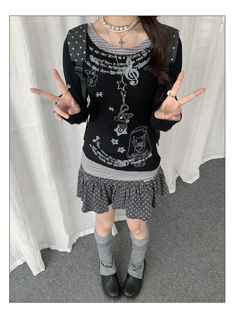 Vintage Graphic Layered Long Sleeve Top