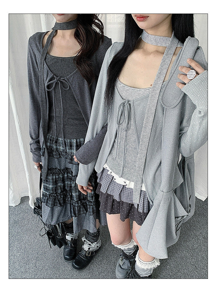 Polka Dot Tie Cardigan & Striped Cami Set