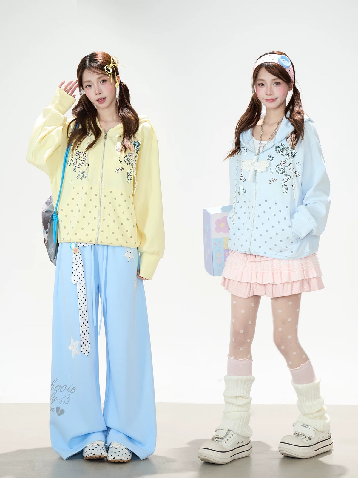 Bow Music Note Polka-Dot Zip-Up Hoodie & Blue Star Wide-Leg Pants