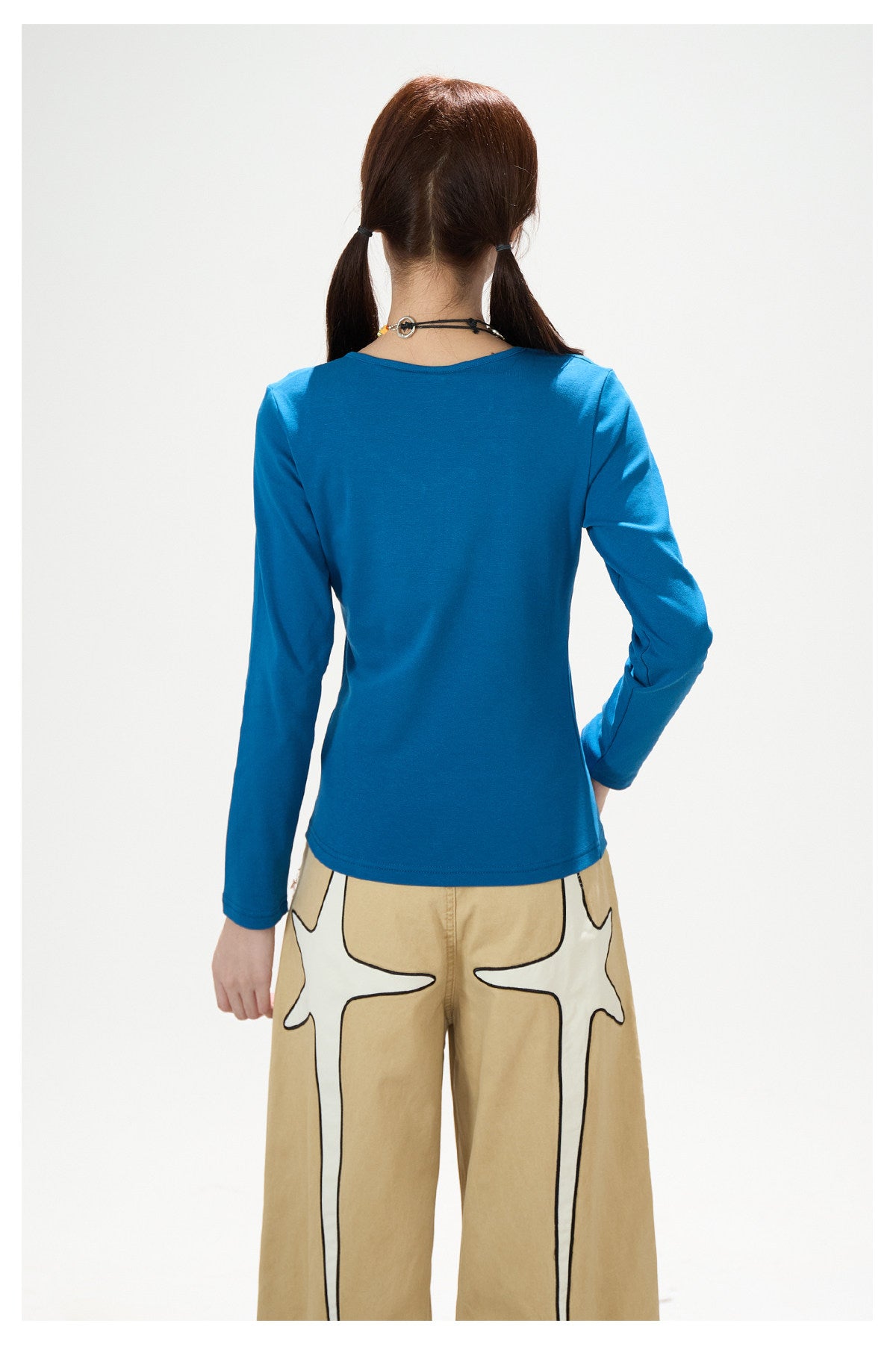 Music Note Star Button V-Neck Long Sleeve Top & Pink Stripe Wide-Leg Pants