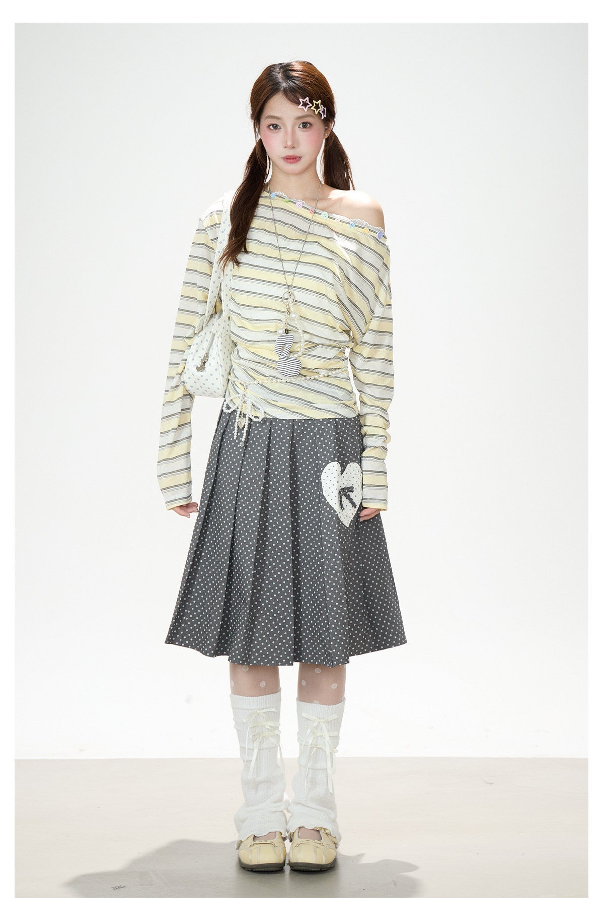 Striped Off-Shoulder Long Sleeve Top & Black Wide-Leg Pants