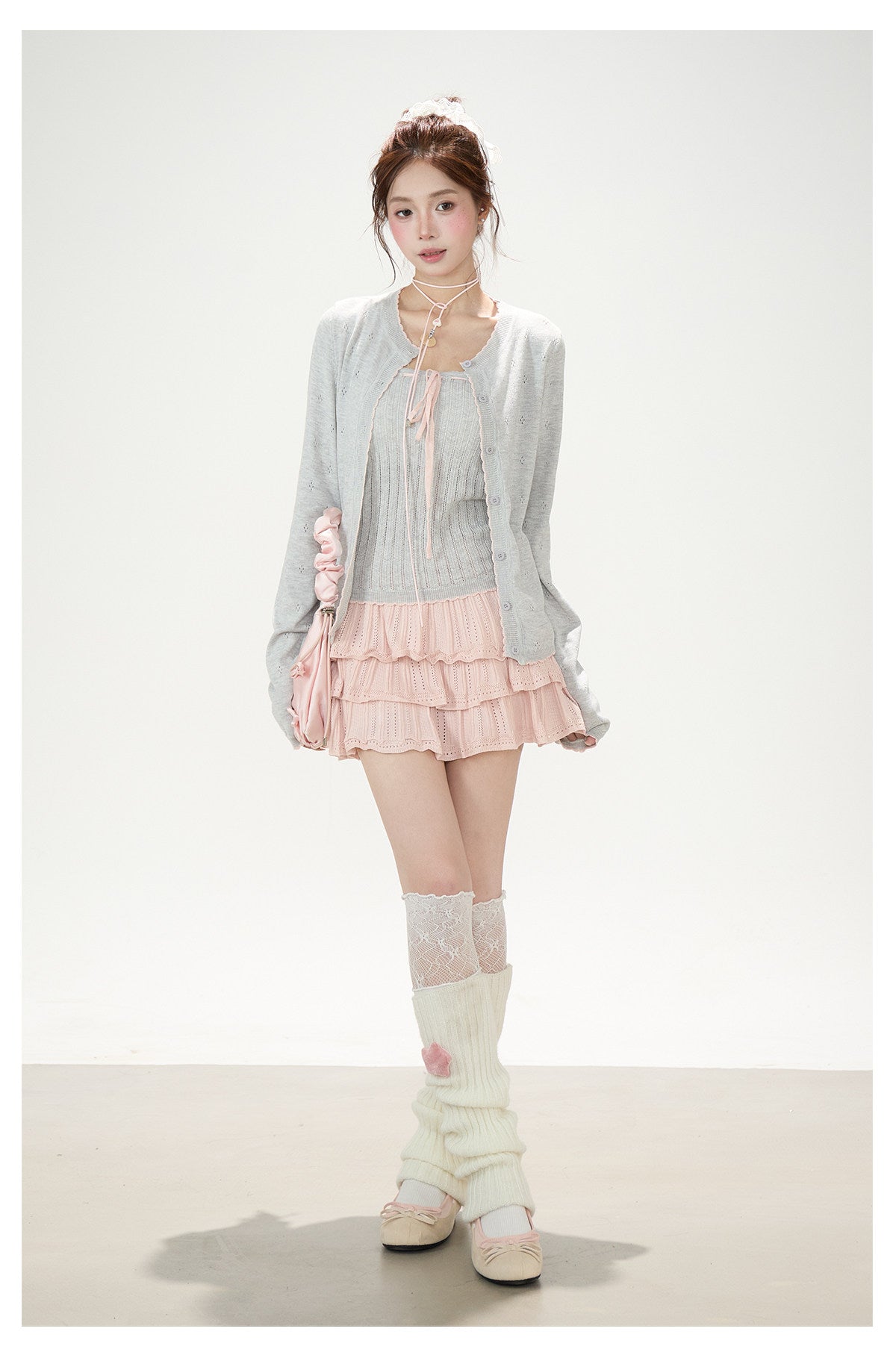 Pointelle Bow Cardigan & Cami Knit Set & Tiered Ruffle Mini Skirt