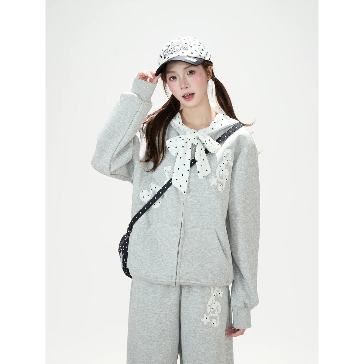 Music Note Polka-Dot Bow Zip-Up Hoodie & Gray Wide-Leg Pants