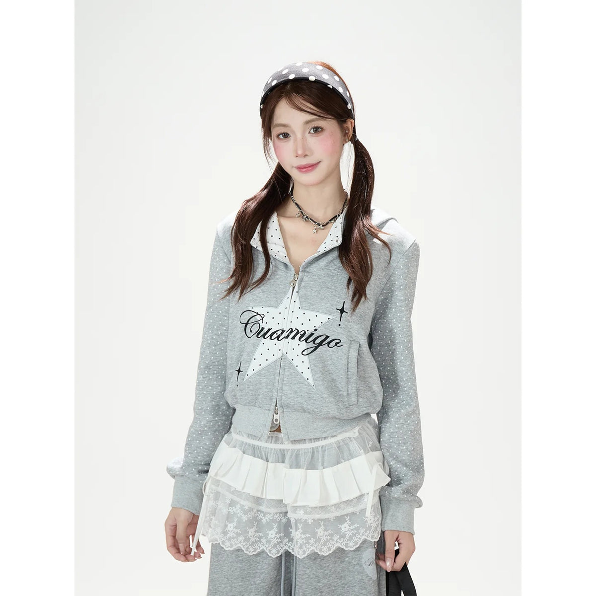 Star Polka-Dot Cropped Zip-Up Hoodie & Paw Print Graphic Wide-Leg Jeans