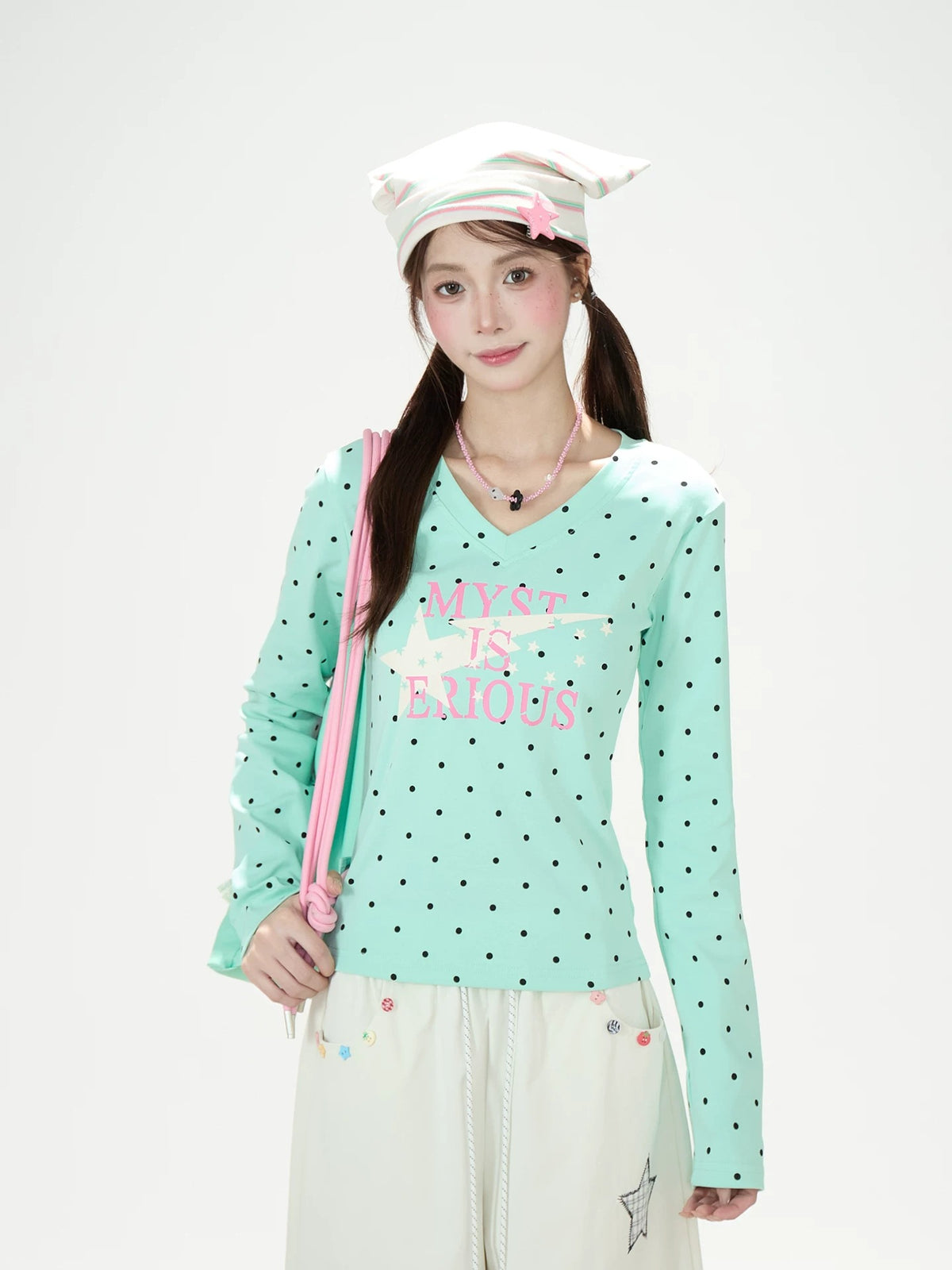 Polka-Dot V-Neck Long Sleeve Top & Star Music Note Wide-Leg Pants