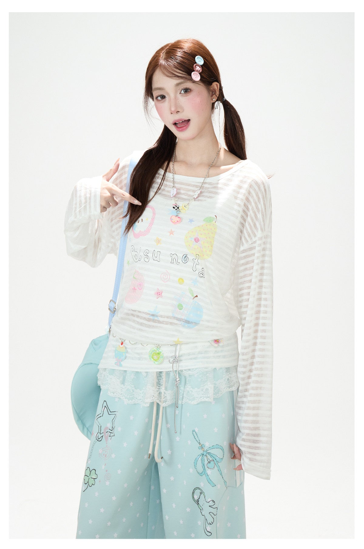 Fruit Doodle Stripe Long Sleeve Top & Polka-Dot Wide-Leg Pants