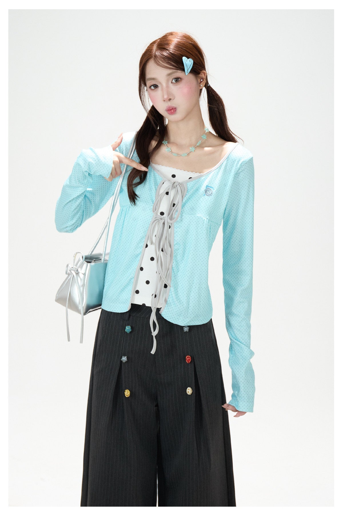 Polka-Dot Tie-Front Layered Long Sleeve Top & Pinstripe Button Wide-Leg Pants