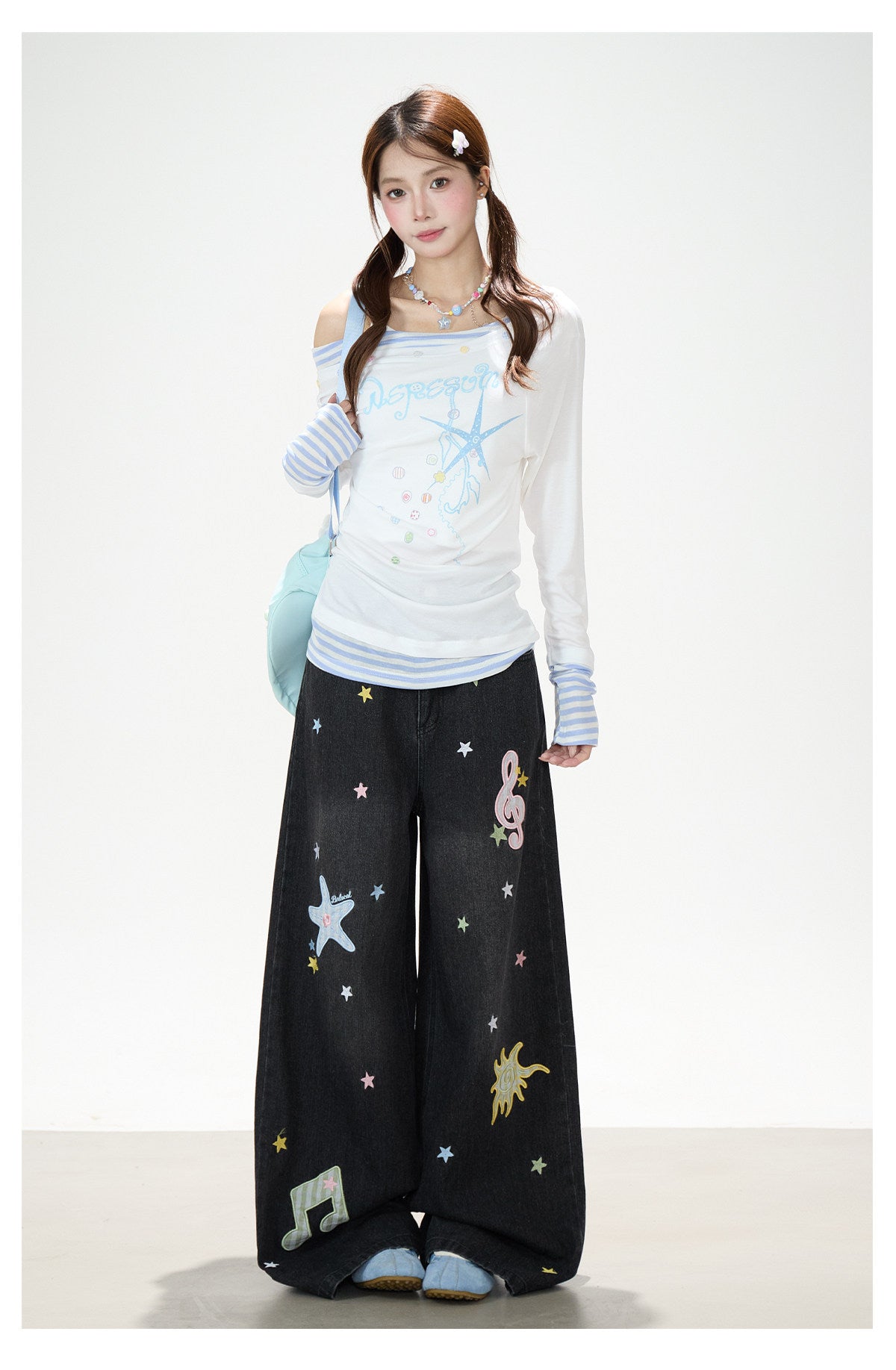 Starfish Off-Shoulder Layered Long Sleeve Top & White Wide-Leg Pants