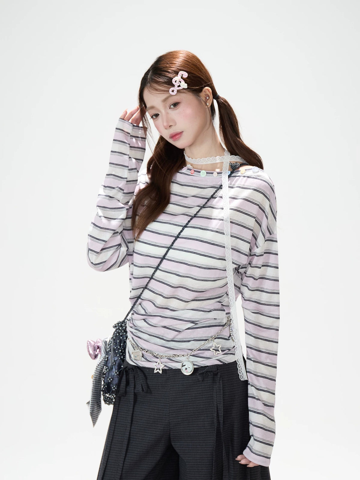 Striped Off-Shoulder Long Sleeve Top & Black Wide-Leg Pants
