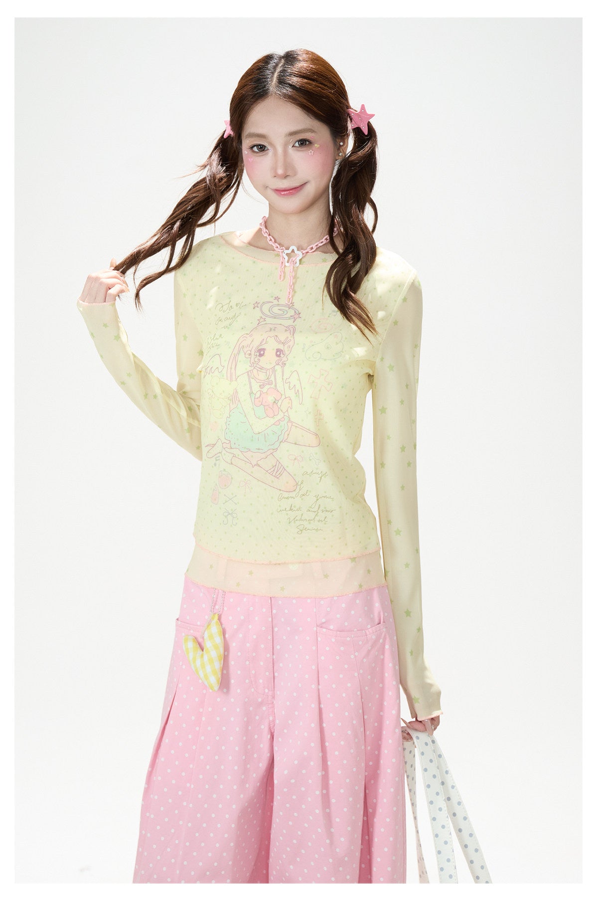 Anime Star Polka-Dot Mesh Long Sleeve Top & Bunny Graphic Wide-Leg Jeans