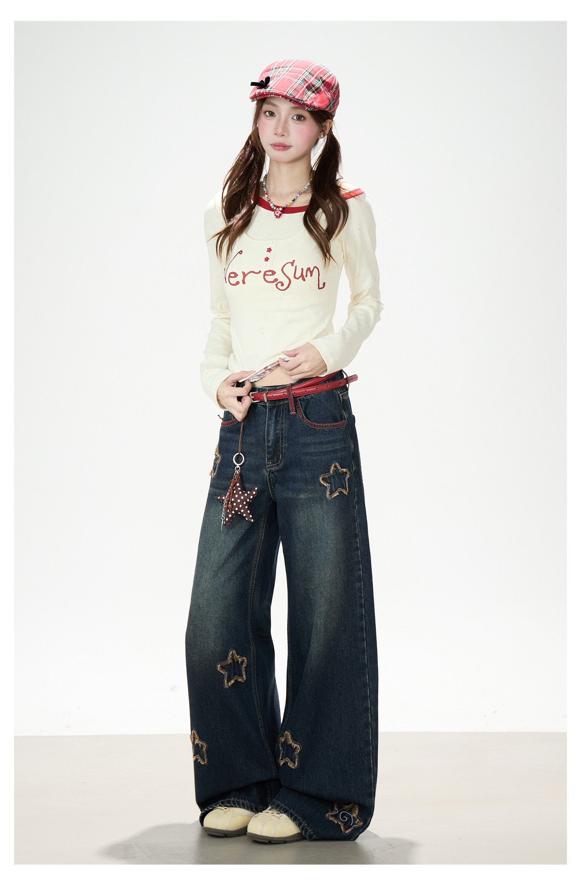 Letter Print Layered Long Sleeve Top & Star Patch Wide-Leg Jeans