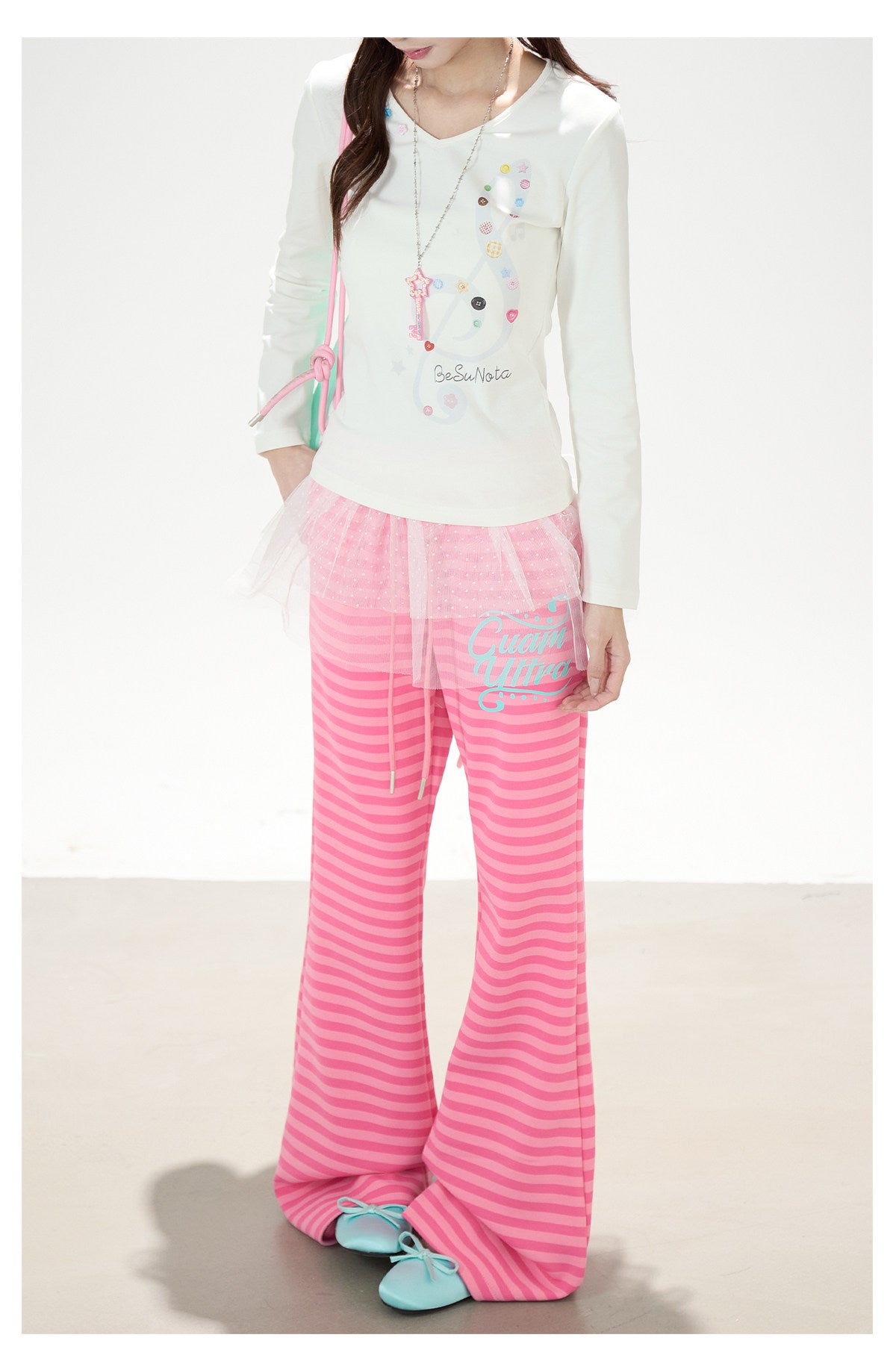 Music Note Star Button V-Neck Long Sleeve Top & Pink Stripe Wide-Leg Pants