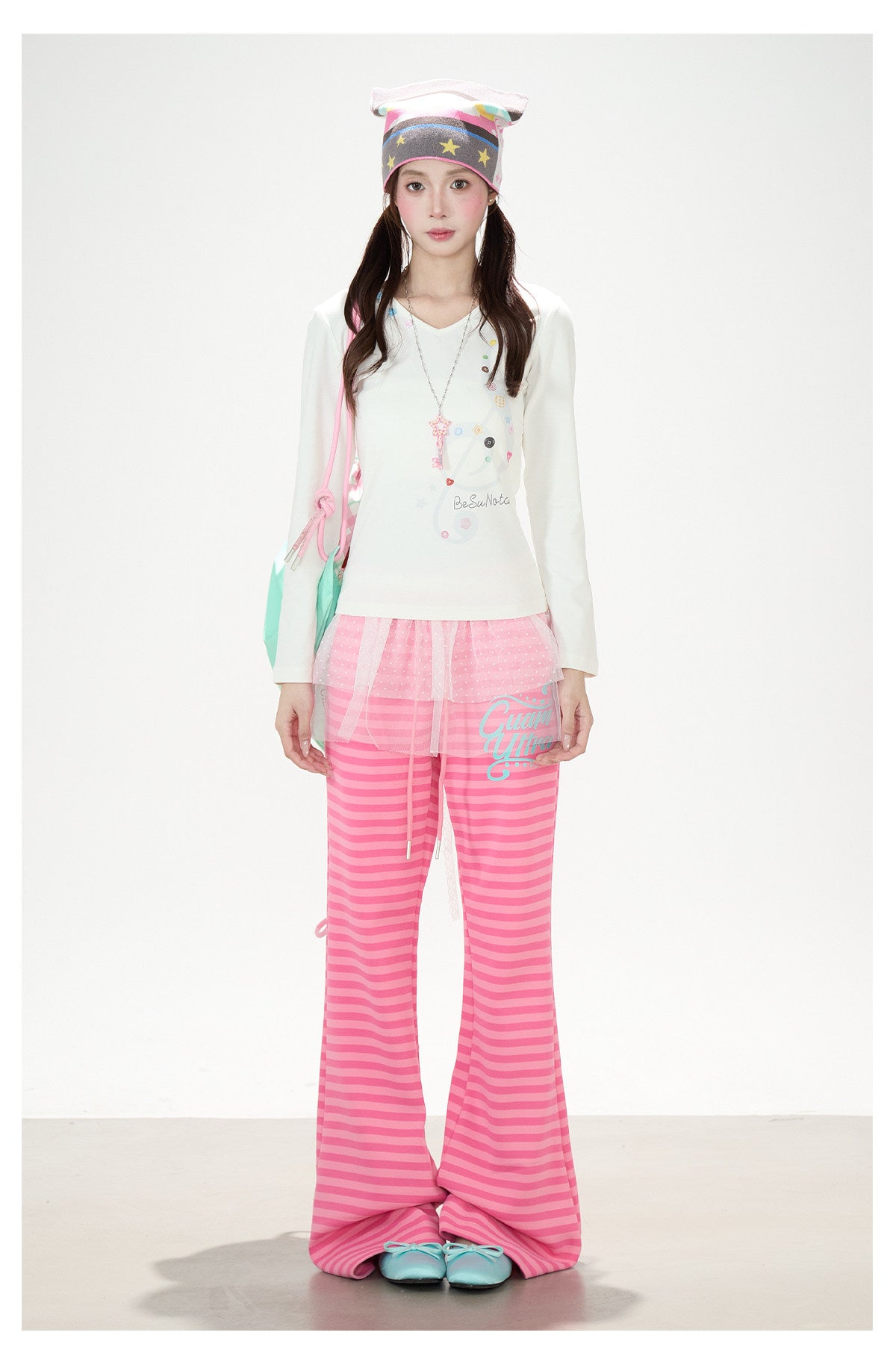 Music Note Star Button V-Neck Long Sleeve Top & Pink Stripe Wide-Leg Pants