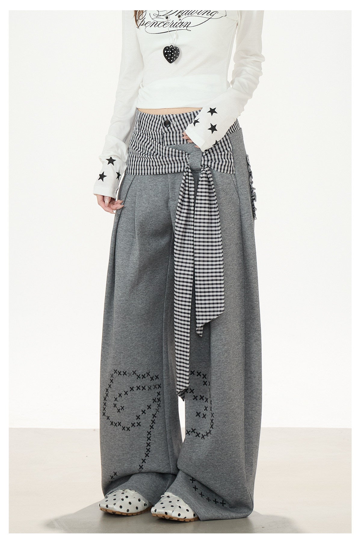 Plaid Tie-Panel Wide-Leg Sweatpants